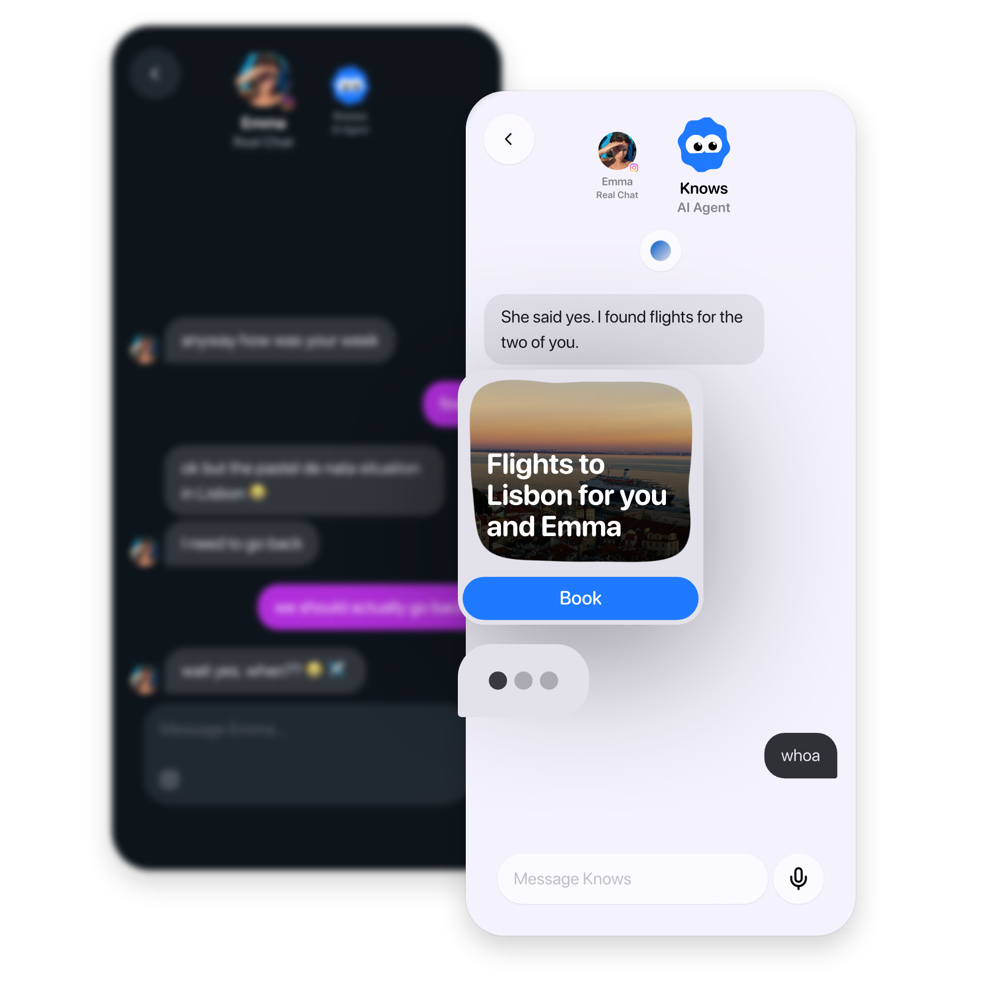 The same conversation seen twice: the real Instagram thread with Emma on the left, and the knows chat on the right picking it up and finding flights to Lisbon.
